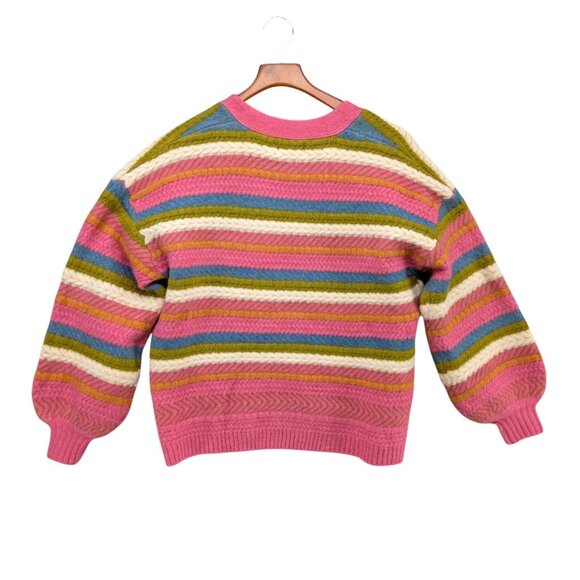 FRNCH Taina Cardigan Womens Pink Multicolor Stripe Open Front Chunky Knit Size S - Picture 2 of 6